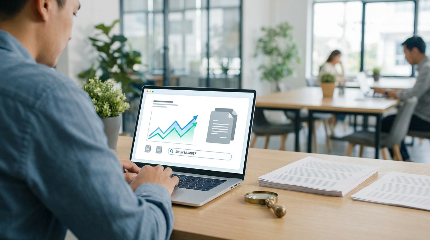 Écran d'ordinateur affichant une fiche d'entreprise consultée sur la plateforme Pappers