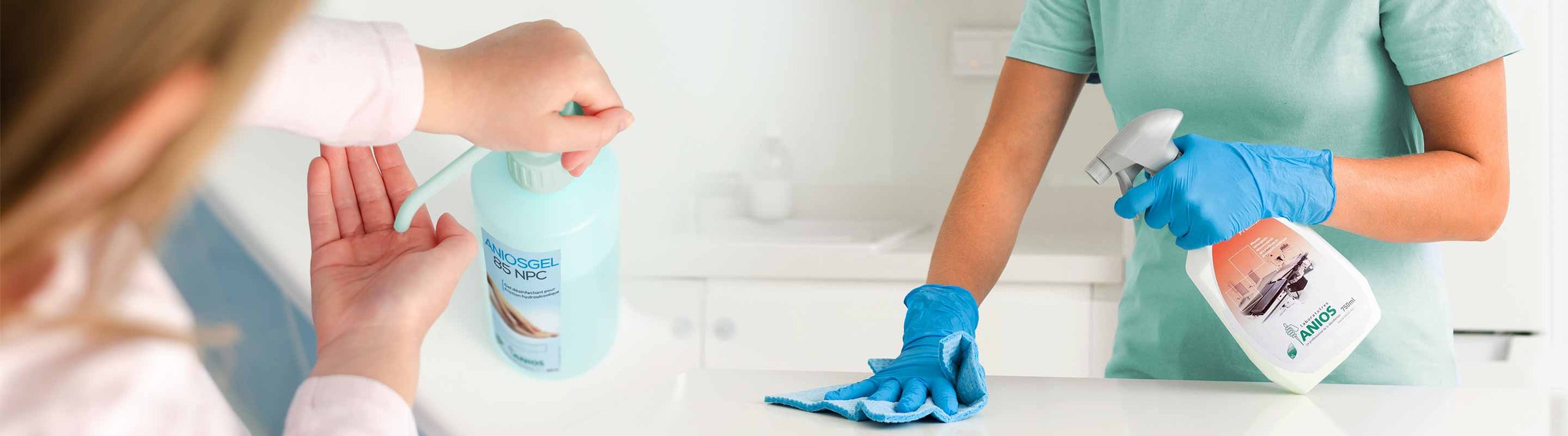 Flacons et bidons de produits d'hygiène et de désinfection professionnelle de la marque ANIOS